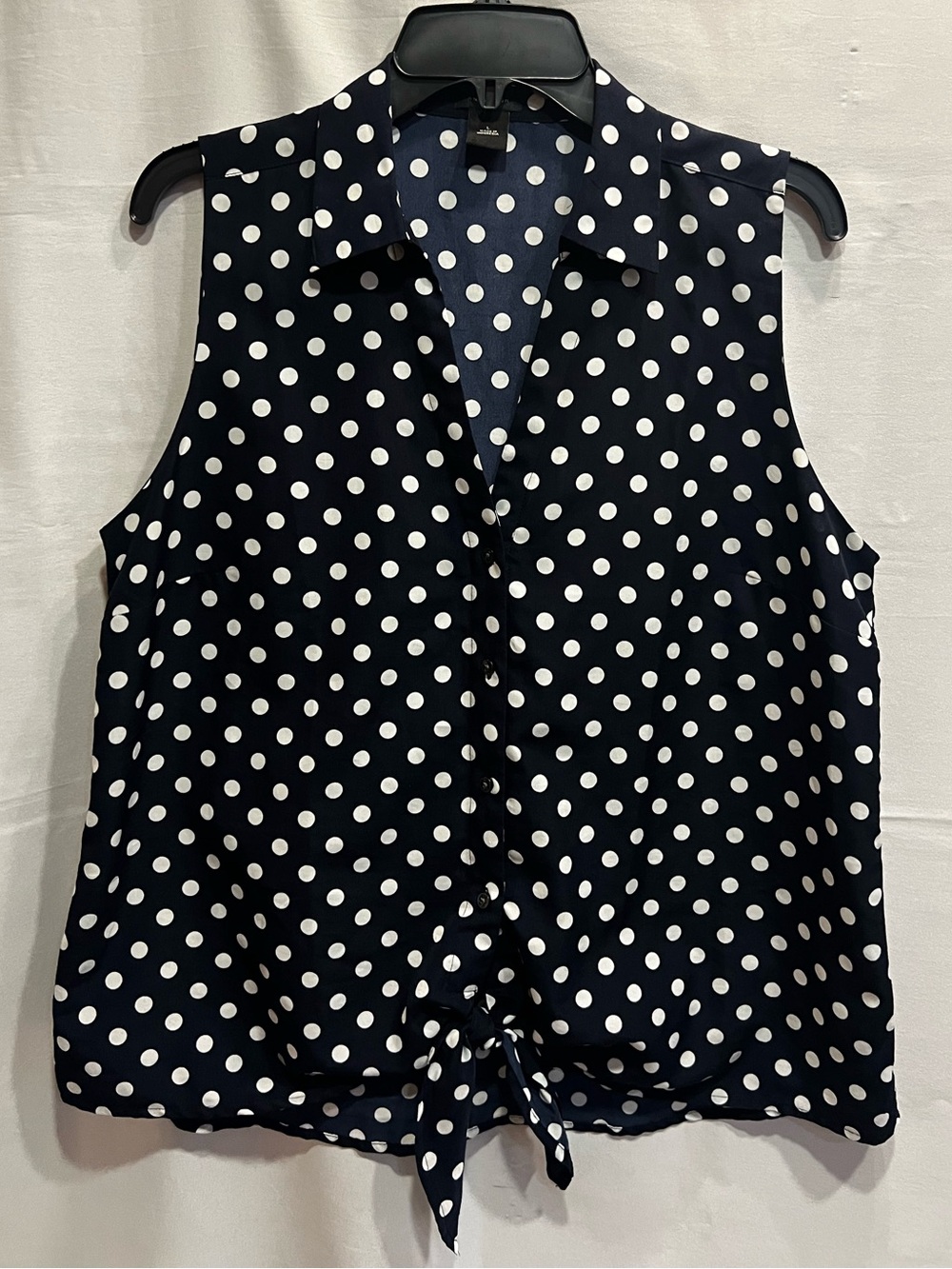 Ann Taylor Navy and White Polka Dot Sleeveless Tie-Front Blouse